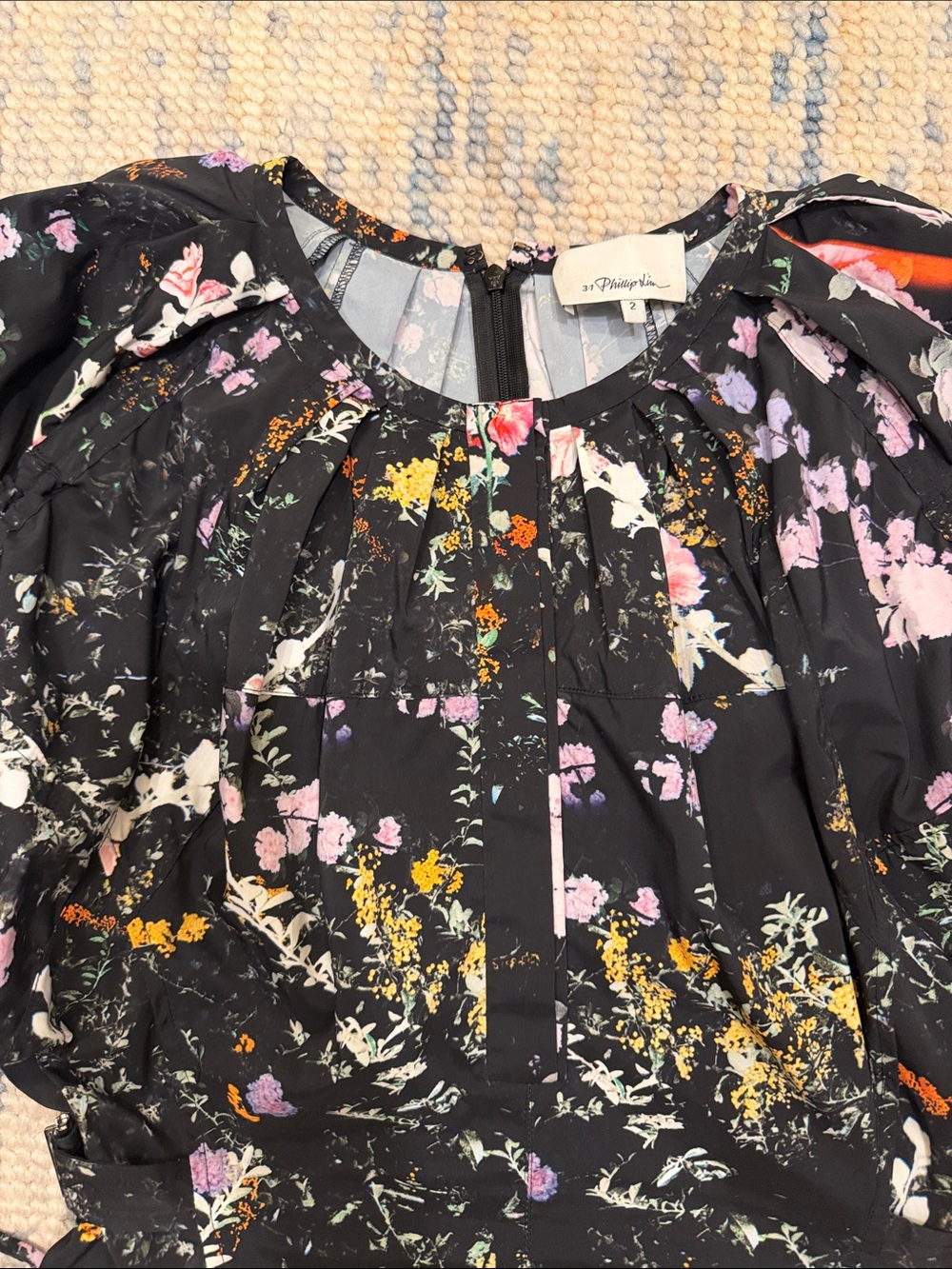 3.1 Phillip Lim Black Floral Pleated Dress with Pink & Green Accents - Picture 5 of 11